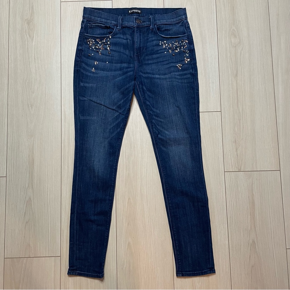 Express Rhinestone Mid Rise Legging Dark Denim Jeans - Picture 5 of 5